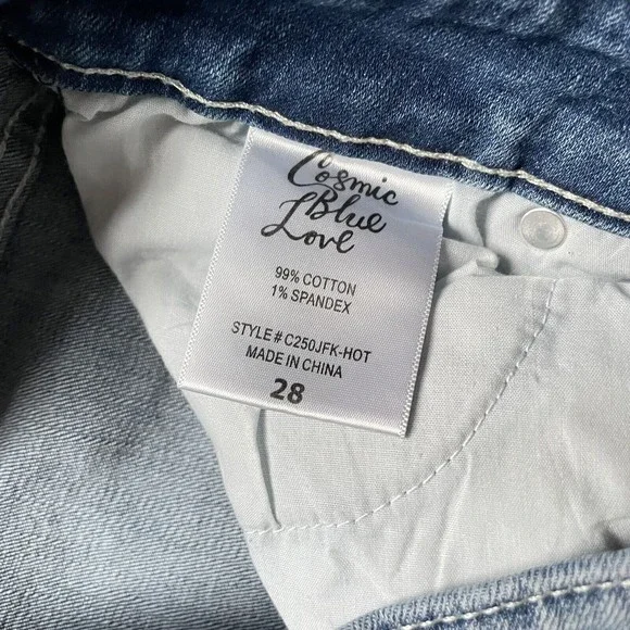 Cosmic Blue Love Cropped Denim Jeans Size 28 Blue Mid Rise Distressed Raw Hem - Picture 9 of 12
